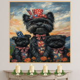 Black Affenpinscher Mother and Two Puppies in Patriotic Outfits with Firework Hats and Sunset Sky Background on Ready to Hang 1.5" Thick Canvas Wrap, Floating Framed Canvas, Flat Rolled Canvas